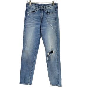 H&M &Denim Girlfriend Fit Ripped Distressed Jeans Sz 25 Blue Denim